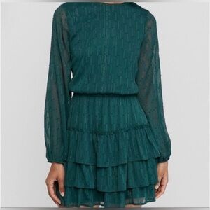 Express Smocked Waist 3 Tiered Green Mini Long Sleeve Dress